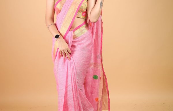 Blush Radiance – 120 Count Pure Linen Handloom Saree in Pink