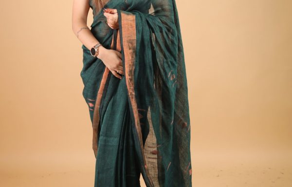 Emerald Enchantment – 120 Count Pure Linen Handloom Saree in Dark Green with Golden Border