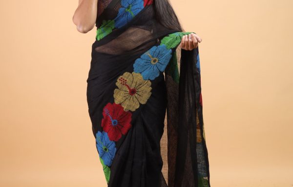Eternal Elegance – 120 Count Mercerised Cotton Saree in Black with Double-Sided Floral Border