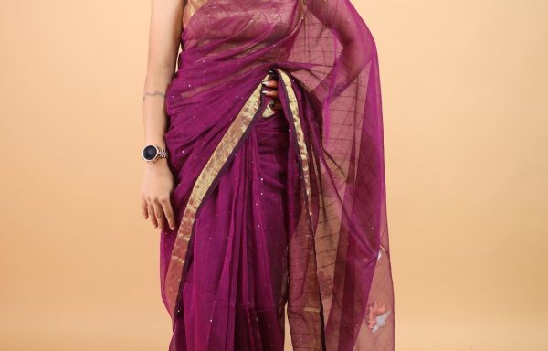Majestic Magenta Charm – Semi Muslin Saree with Golden Border & Sequin Work