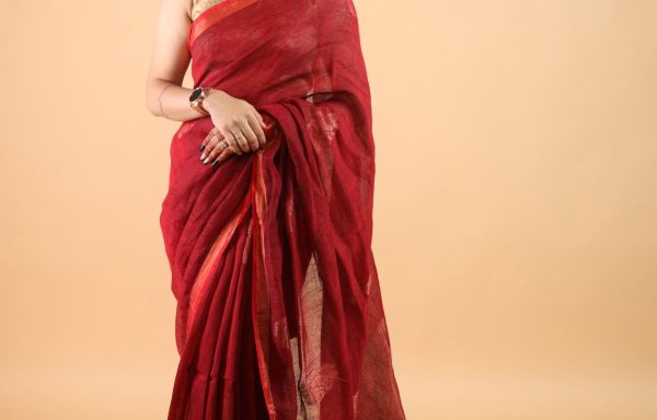 Mystic Maroon Marvel – 120 Count Pure Linen Handloom Saree with Blouse