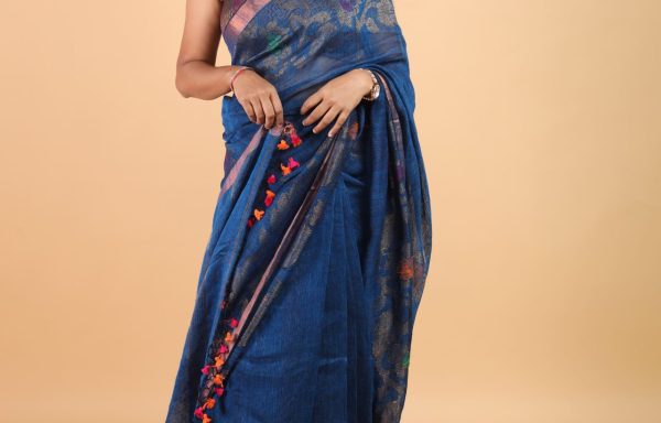Regal Elegance – 120 Count Pure Linen Handloom Saree with Blouse in Royal Blue