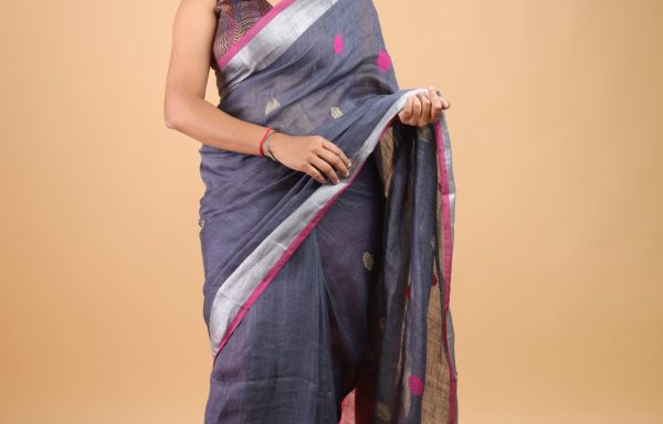 Silver Elegance – 120 Count Pure Linen Handloom Saree in Grey with Silver Border