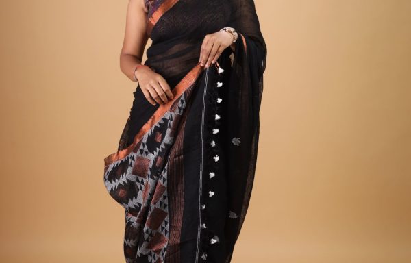 Timeless Black Beauty – 120 Count Pure Linen Handloom Saree with Blouse