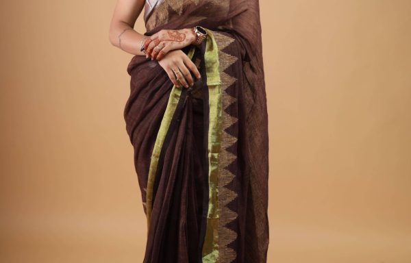 West Bengal Elegance – Brown 120 Count Pure Linen Handloom Saree with Blouse